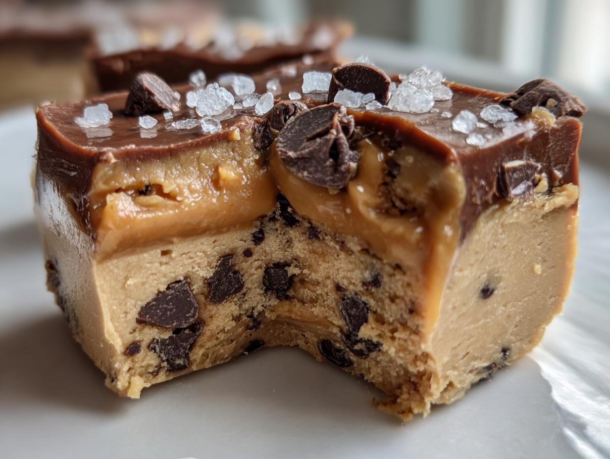 A cross-section of salted caramel fudge layered over a chocolate chip cookie dough base, topped with chocolate and sea salt.