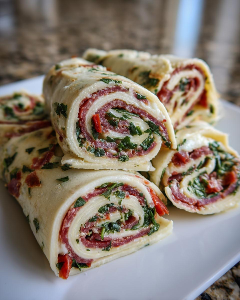 A stack of freshly cut italian pinwheels showing layers of salami, cheese, and herbs on a white plate.