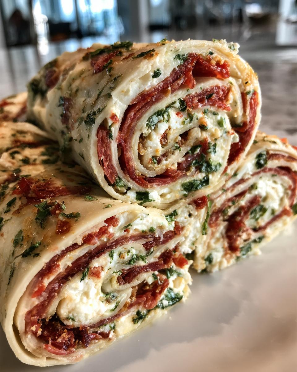 Close-up of sliced italian pinwheels showing layers of salami, cream cheese, and herbs rolled in a tortilla.