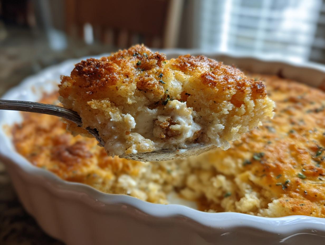 A spoonful of golden-brown chicken cobbler lifted from a white baking dish, showing the creamy interior.