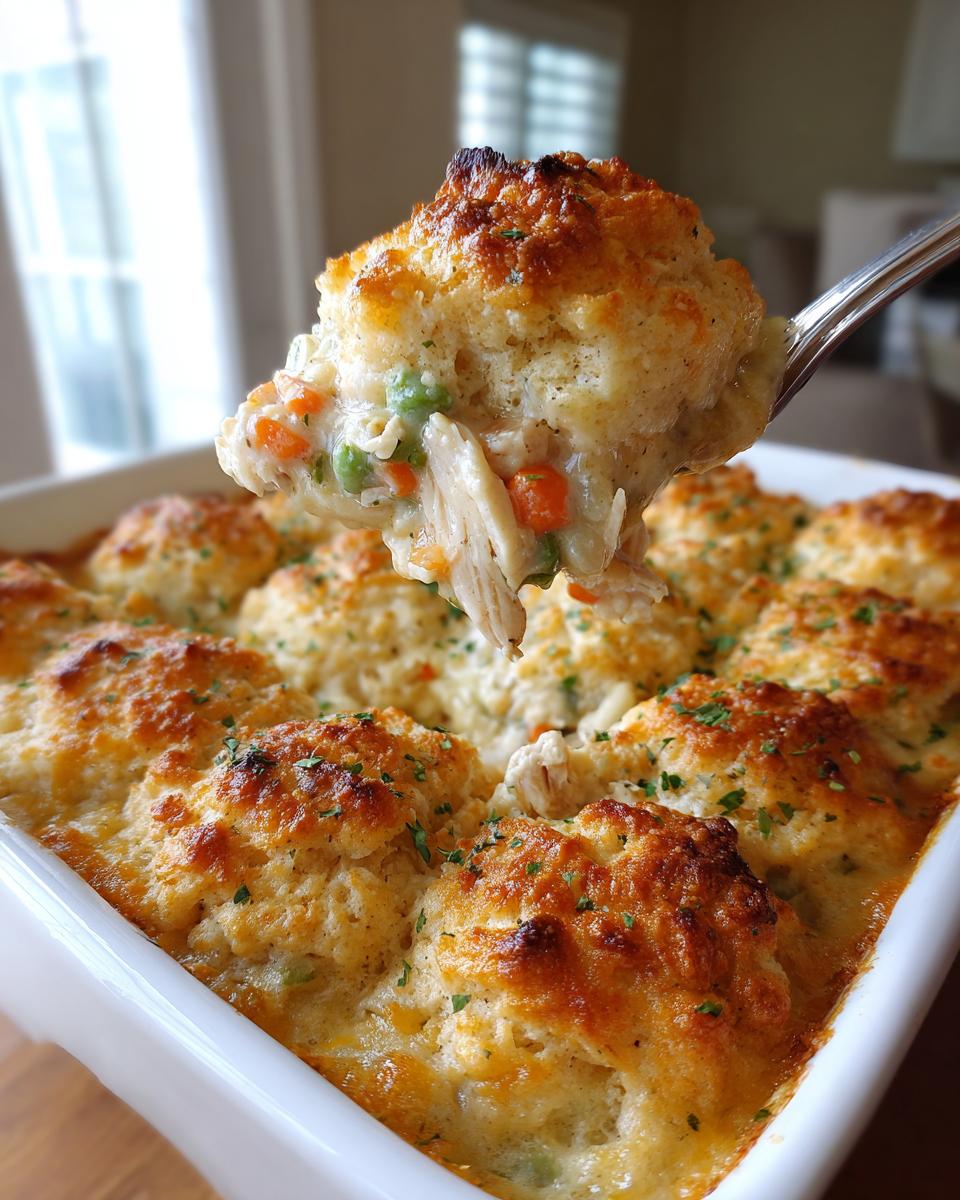 A spoonful of creamy chicken cobbler showing shredded chicken, peas, and carrots under a golden biscuit topping.