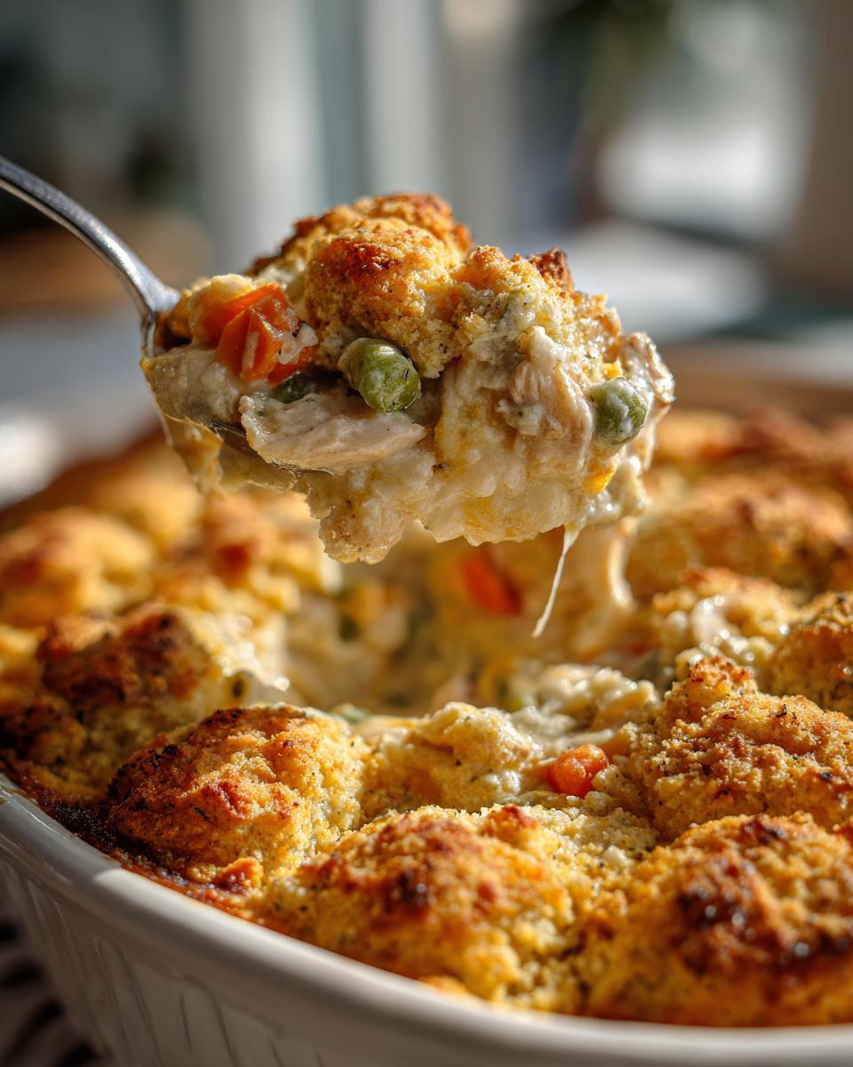 A spoonful of creamy chicken cobbler, featuring shredded chicken, carrots, and peas under a golden biscuit topping.