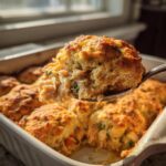 A spoonful of fluffy biscuit and shredded chicken filling lifted from a baking dish of chicken cobbler.