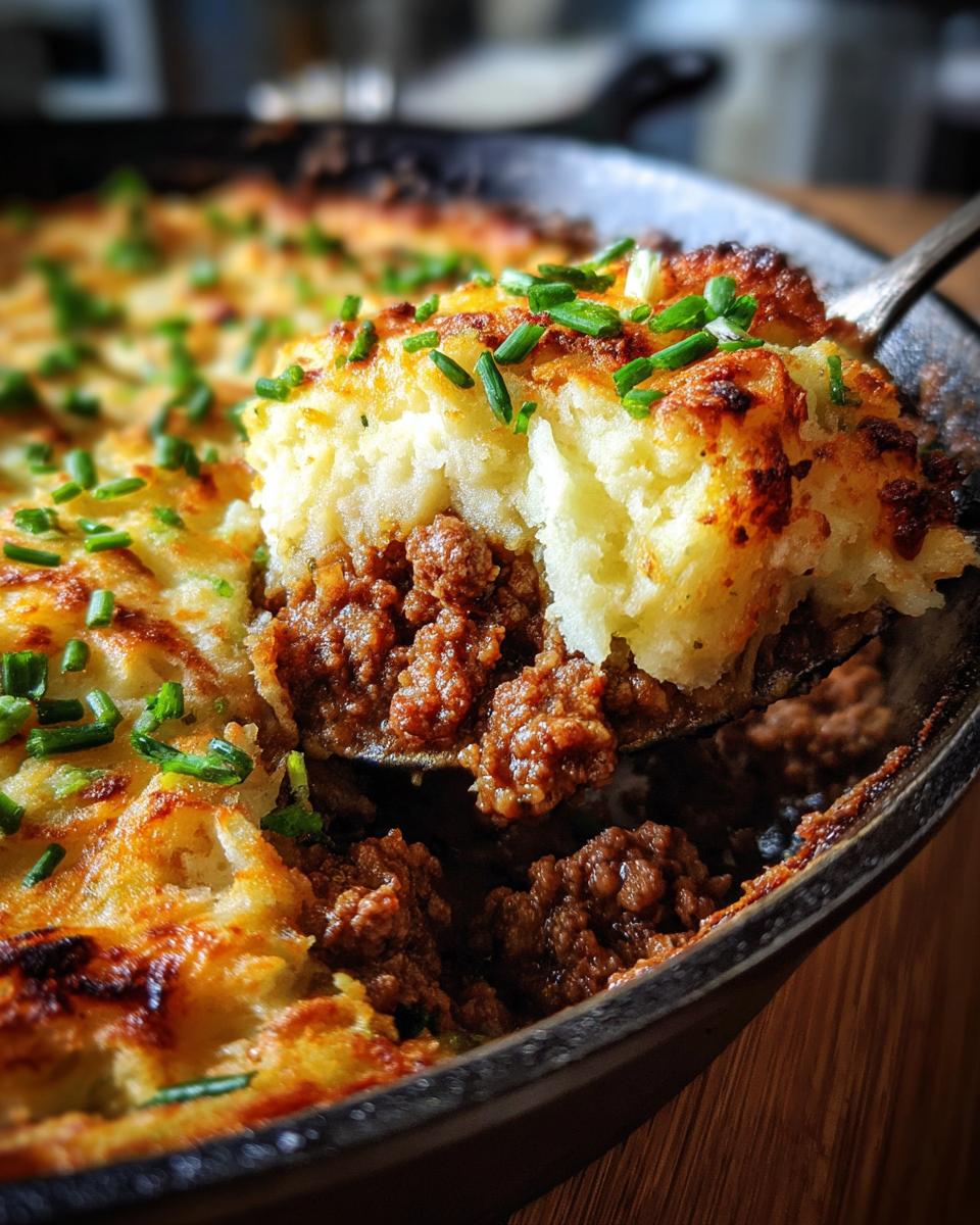 A spoonful of rich cottage pie is lifted from a cast-iron skillet, showing the ground meat filling and browned mashed potato topping.