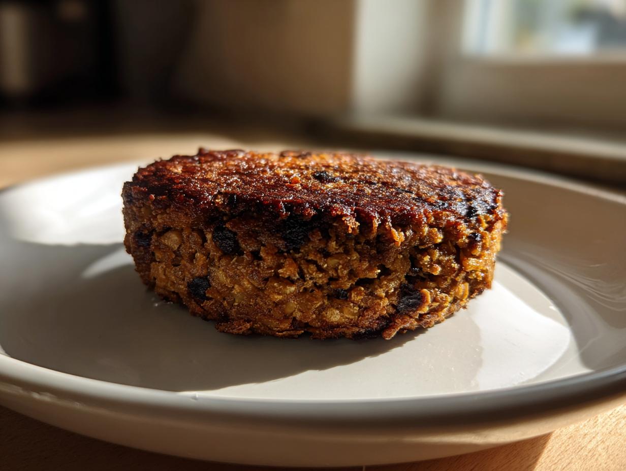 Close-up of a thick, perfectly seared homemade black bean burger patty on a light plate.