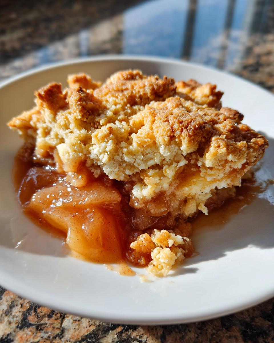 A close-up of a warm serving of apple cobbler with a crumbly topping and gooey spiced apples.