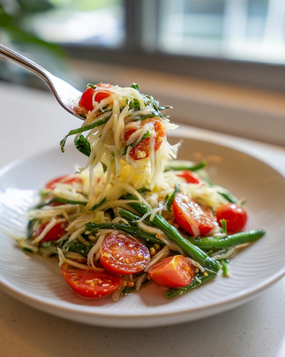 A fork lifts a bite of vibrant papaya salad mixed with cherry tomatoes and green beans.