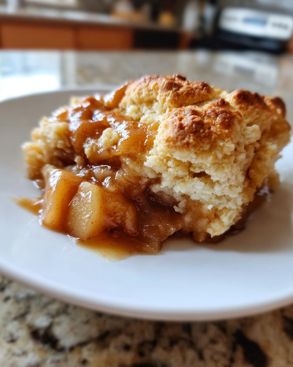 A close-up of a serving of warm apple cobbler with a biscuit topping and cinnamon sauce.
