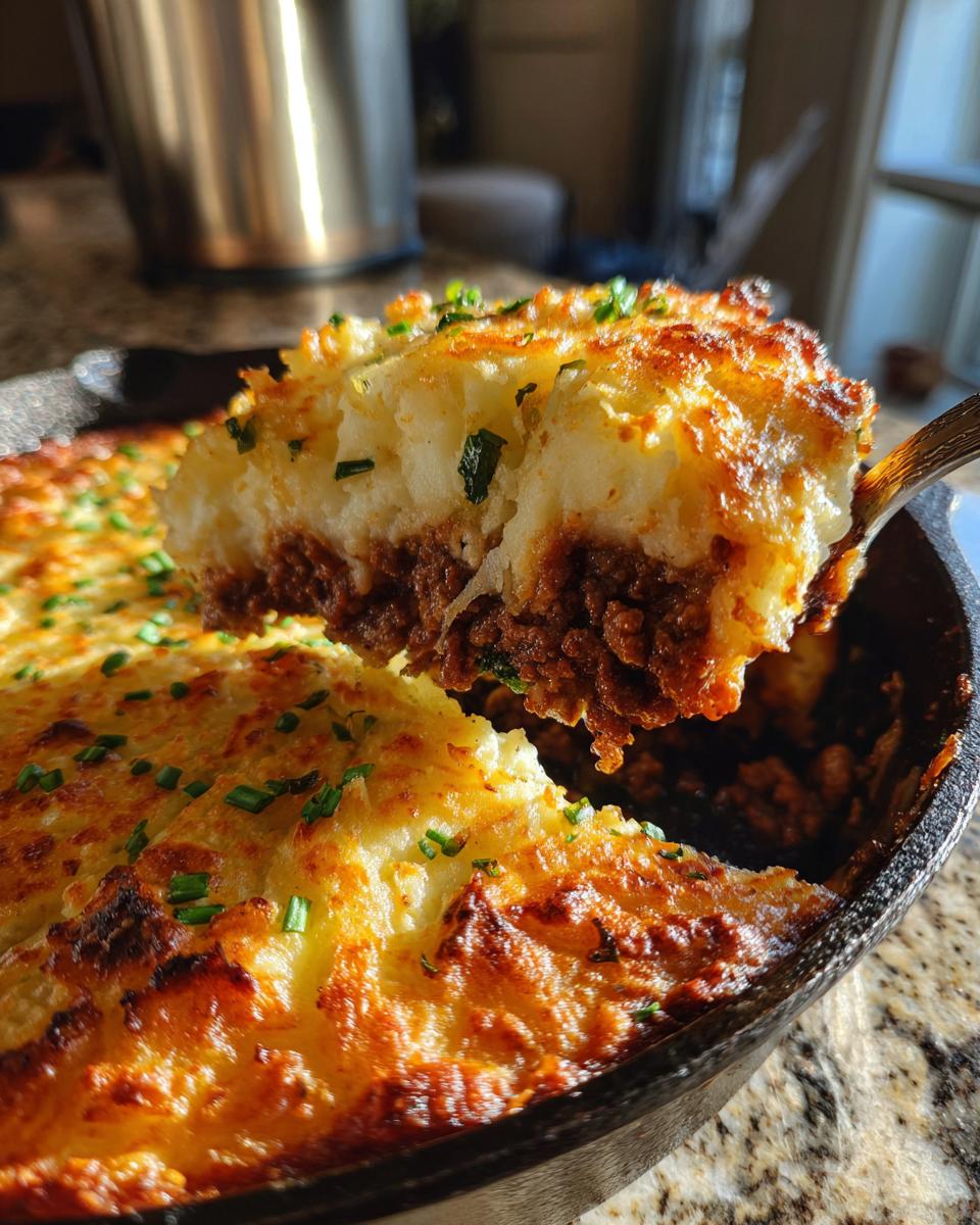 A spoonful of rich cottage pie, showing the browned mashed potato topping and savory meat filling.