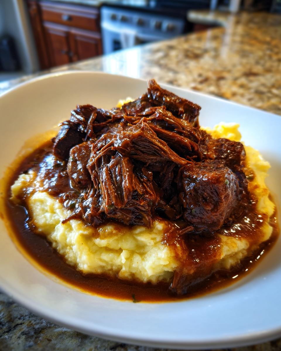 Close-up of shredded beef in rich brown gravy served over mashed potatoes, perfect for a slow cooker beef manhattan recipe.