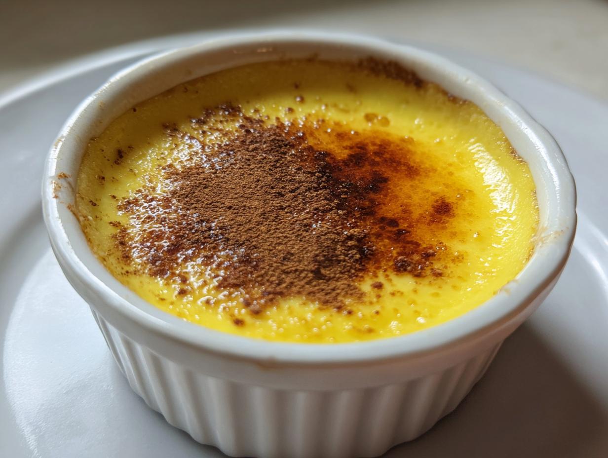 Close-up of a perfectly smooth, yellow egg custard topped with a dusting of cinnamon in a white ramekin.