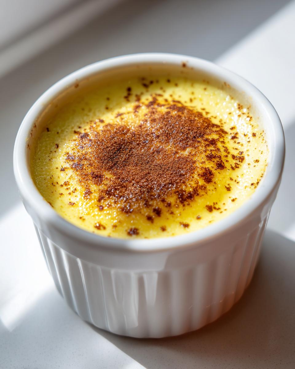 Close-up of a silky egg custard dessert in a white fluted ramekin, topped with a dusting of cinnamon.