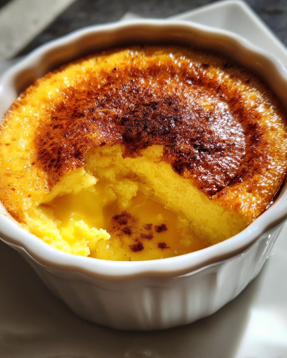 Close-up of a creamy, bright yellow egg custard in a white ramekin with a perfectly torched, caramelized top.