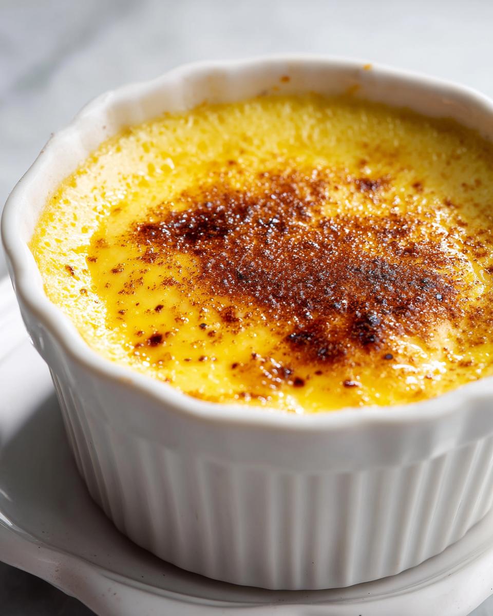 Close-up of a perfectly baked egg custard in a white ramekin with a dark, caramelized sugar crust.