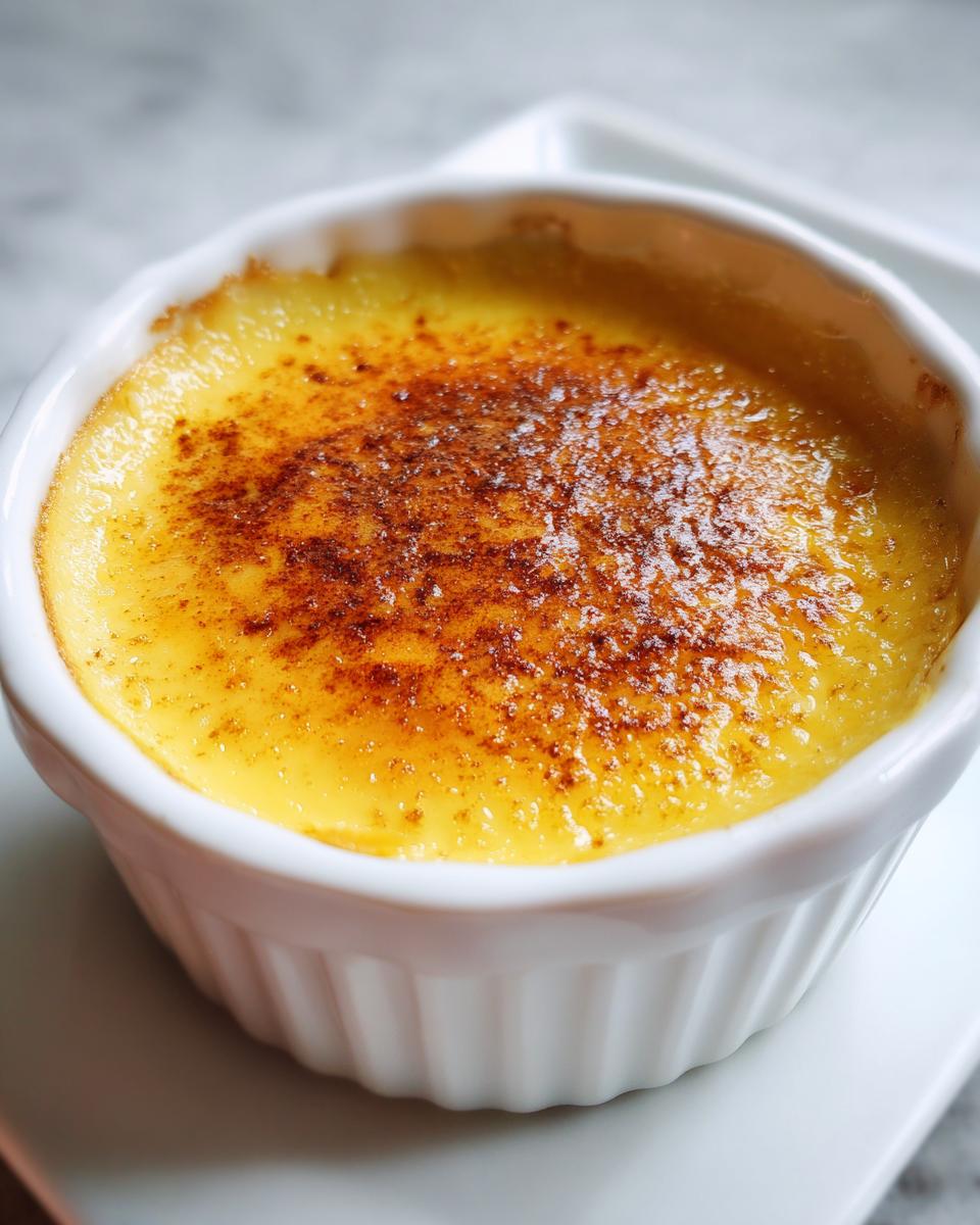 Close-up of a perfectly set egg custard in a white ramekin with a deeply caramelized, slightly speckled top.