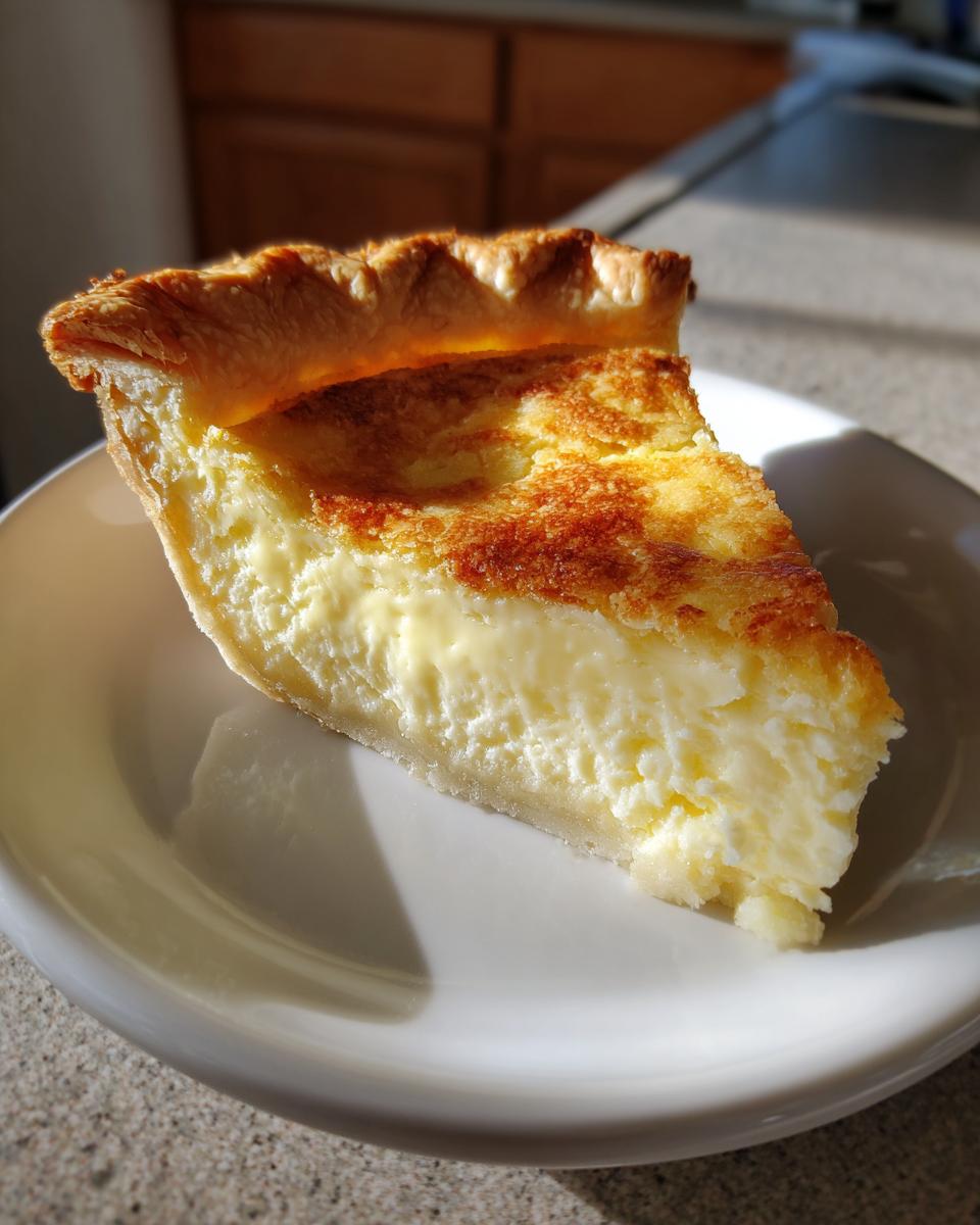 A close-up slice of creamy buttermilk pie with a golden-brown top, served on a white plate.