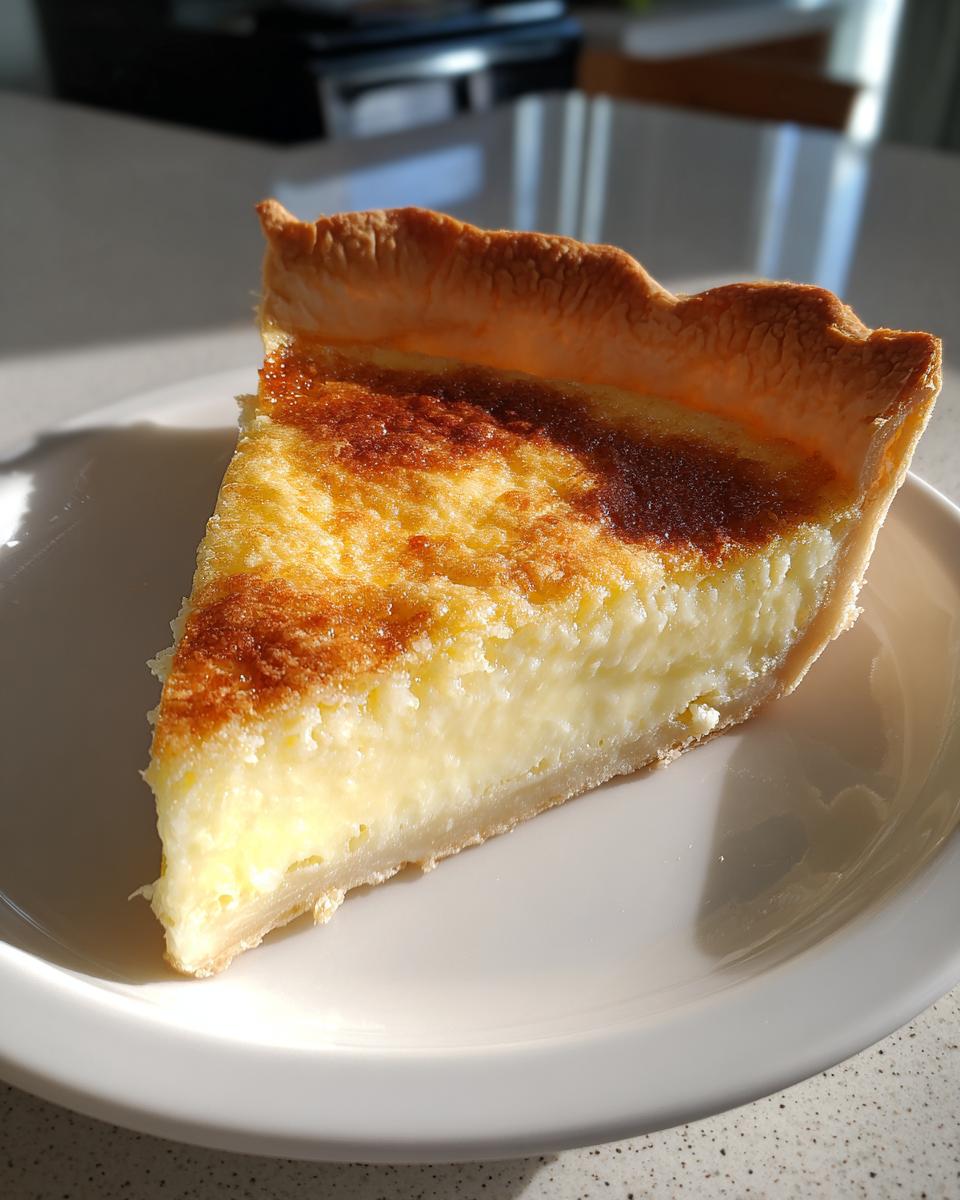 A close-up slice of creamy buttermilk pie with a golden-brown top, resting on a white plate.