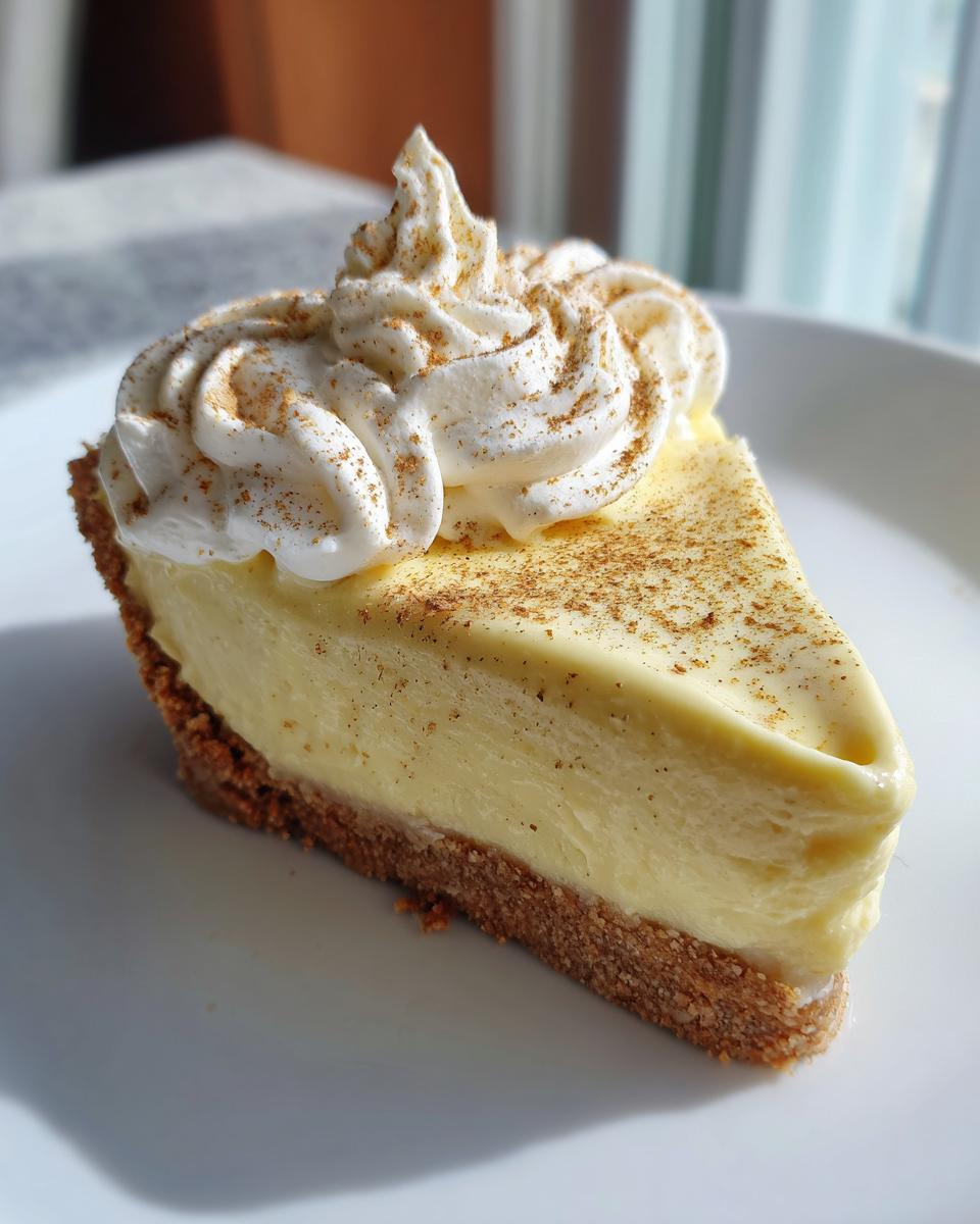 A perfect slice of creamy eggnog pie with a graham cracker crust, topped with whipped cream and nutmeg.