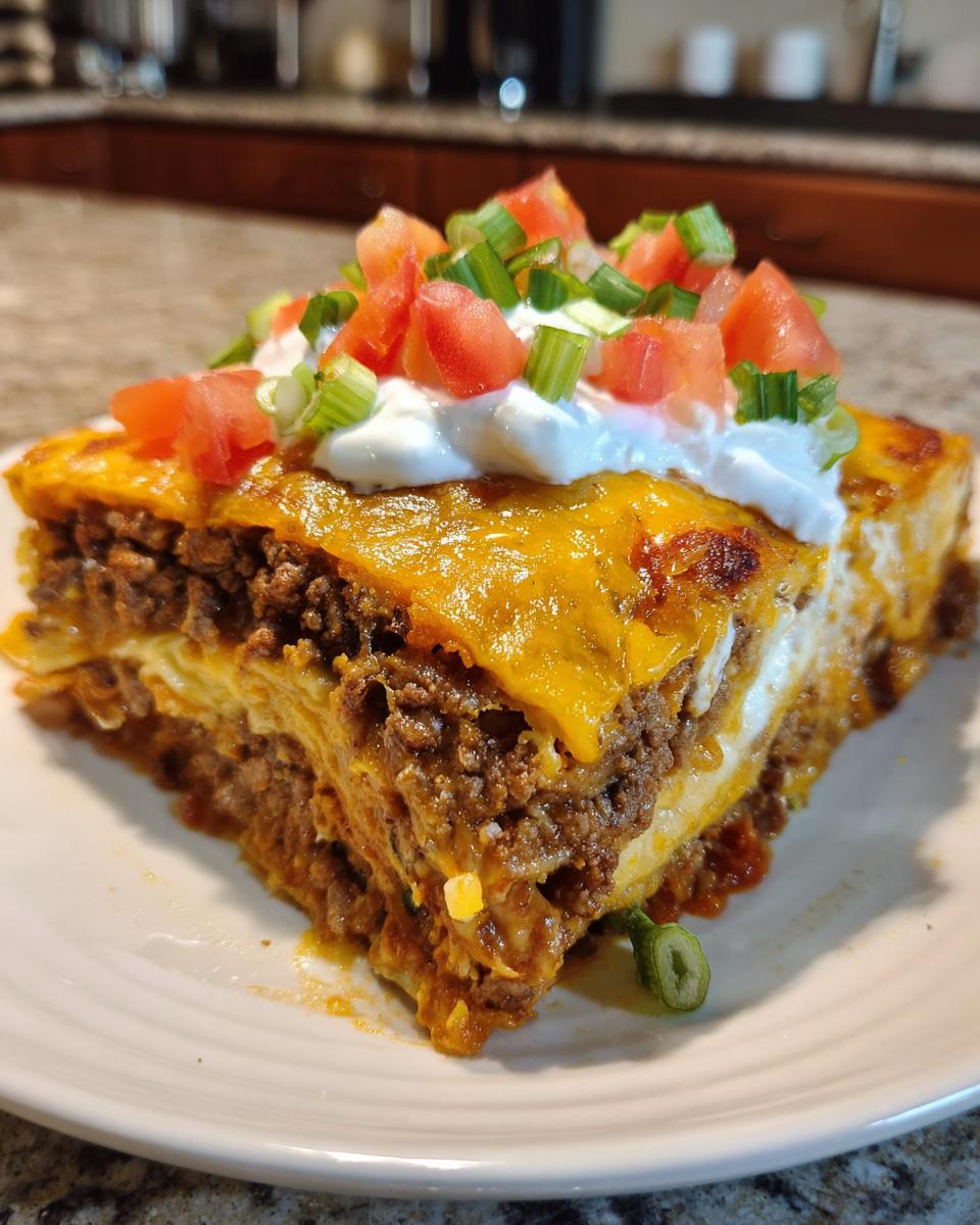 A hearty slice of taco pie layered with meat, cheese, and topped with sour cream, diced tomatoes, and green onions.