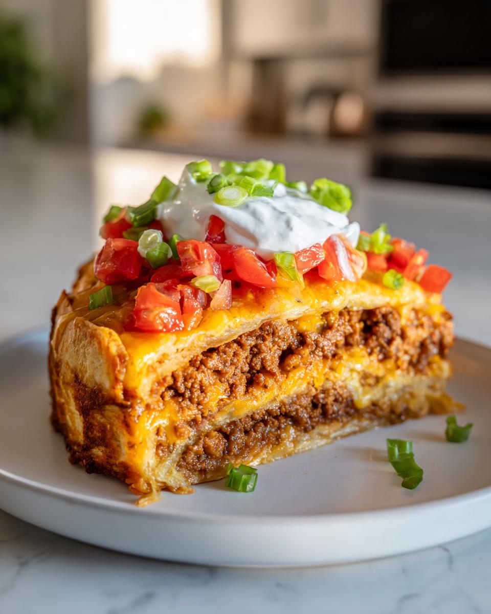 A thick slice of taco pie filled with seasoned ground beef, topped with melted cheese, sour cream, diced tomatoes, and green onions.
