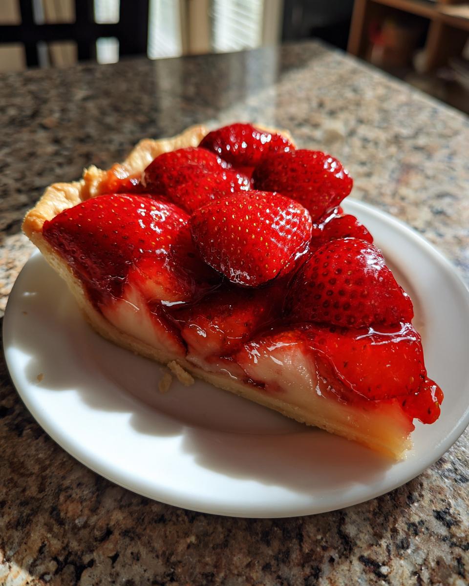 A close-up of a slice of strawberry pie topped with whole, glazed strawberries on a white plate.