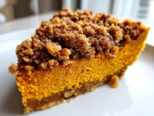 Close-up of a rich, orange slice of sweet potato casserole topped with a thick, dark brown streusel crumb topping.