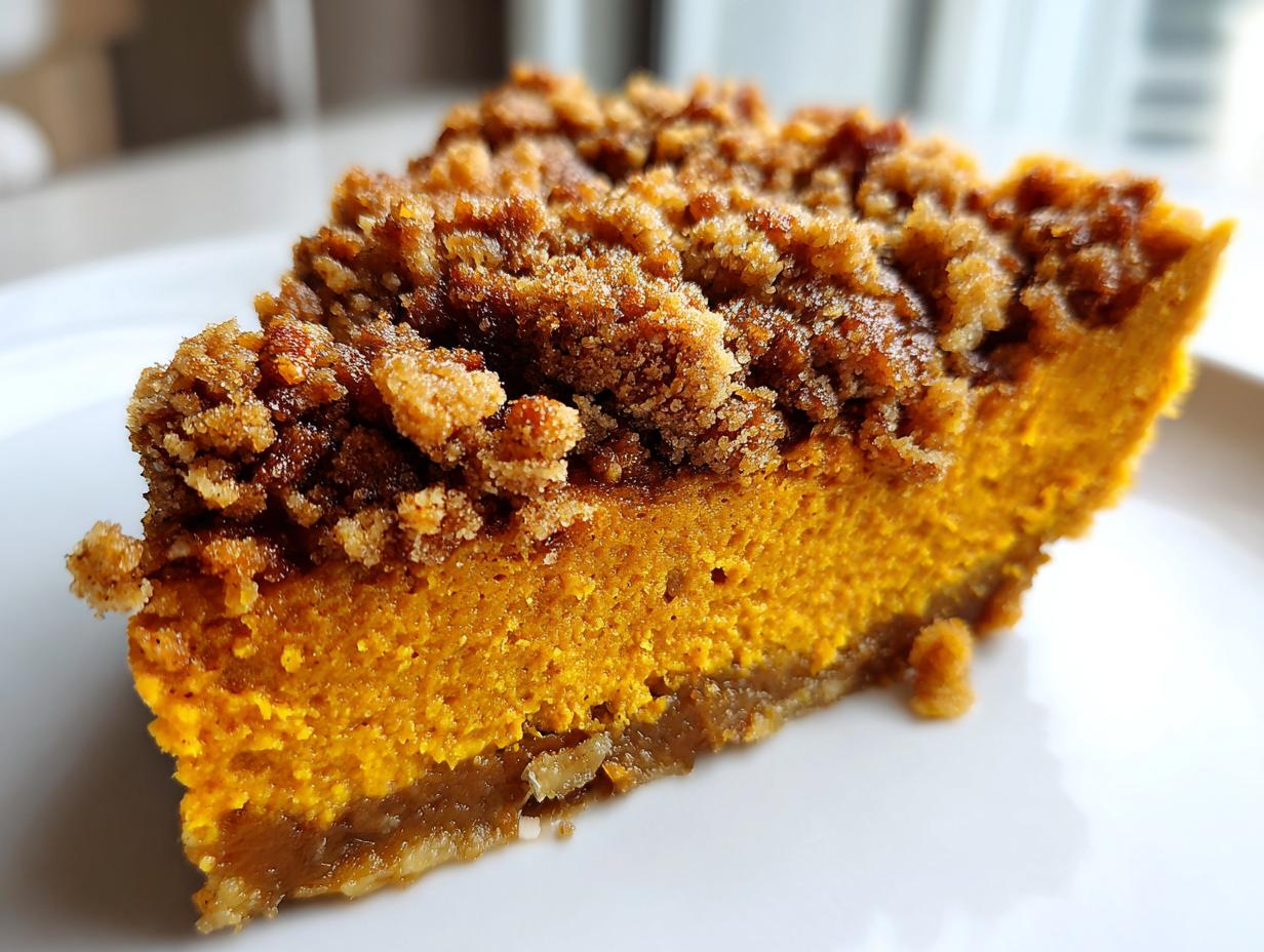 Close-up of a rich, orange slice of sweet potato casserole topped with a thick, dark brown streusel crumb topping.