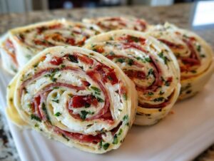 Close-up of several delicious, sliced Italian pinwheels filled with cream cheese, cured meat, and herbs on a white platter.