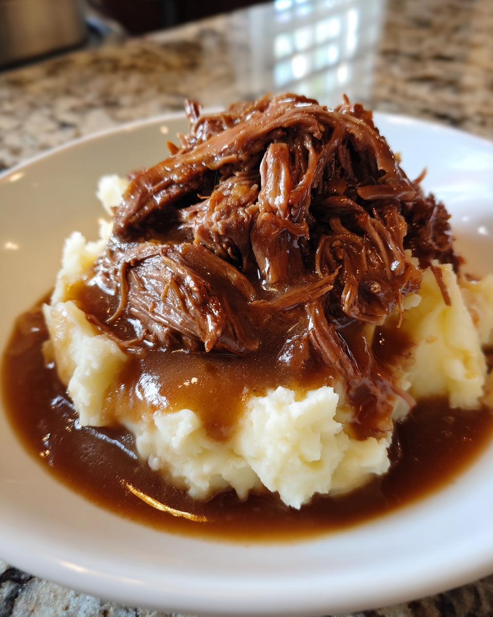 A close-up of shredded beef in rich brown gravy served over mashed potatoes, perfect for a slow cooker beef manhattan recipe.