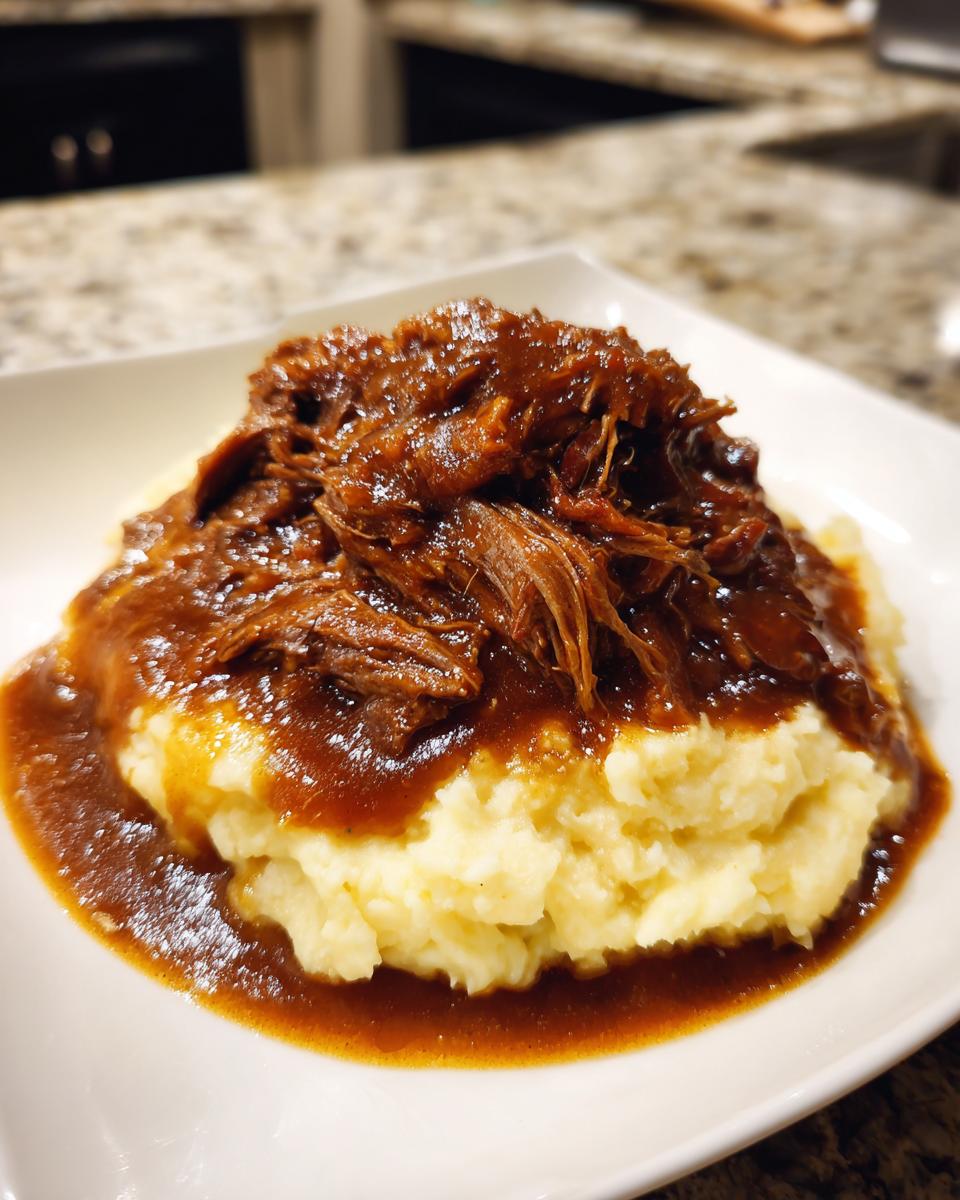 A serving of tender shredded beef in rich brown gravy, part of a slow cooker beef manhattan recipe, atop creamy mashed potatoes.
