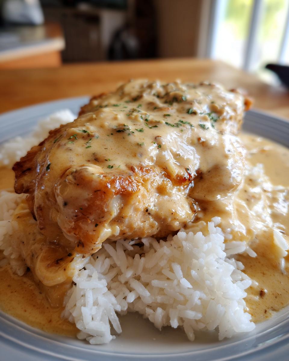 A close-up of a piece of golden-brown smothered chicken and rice, covered in a rich, creamy sauce and sprinkled with herbs.