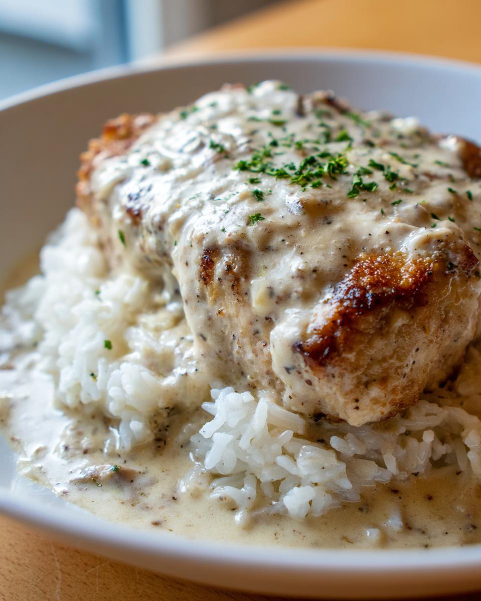 A close-up of smothered chicken and rice topped with a creamy, peppered sauce and fresh parsley garnish.