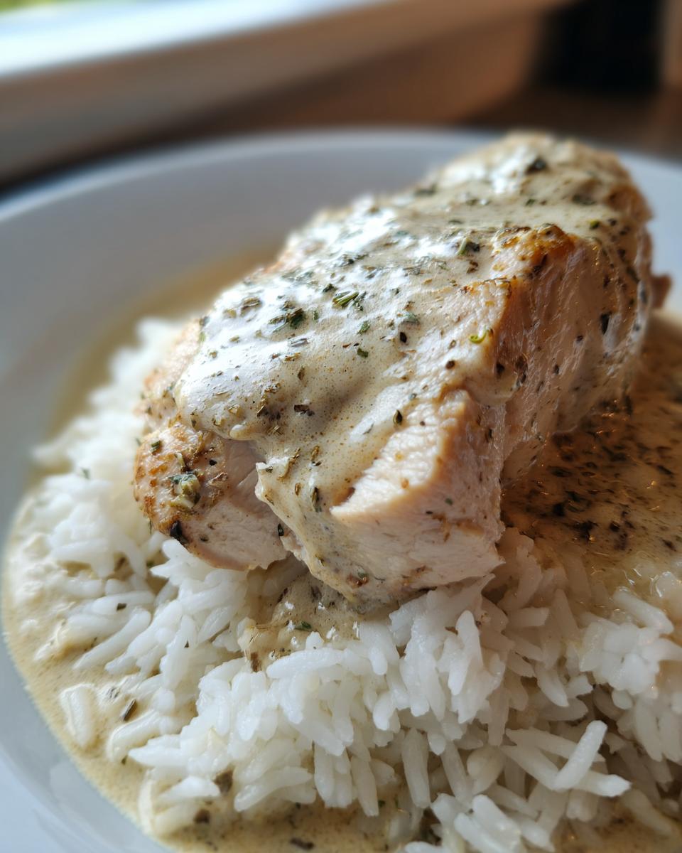 A close-up shot of a juicy piece of smothered chicken and rice topped with creamy herb sauce.
