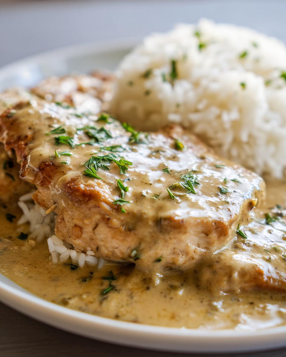 Close-up of perfectly cooked smothered chicken and rice, generously covered in a creamy, savory gravy and garnished with fresh parsley.