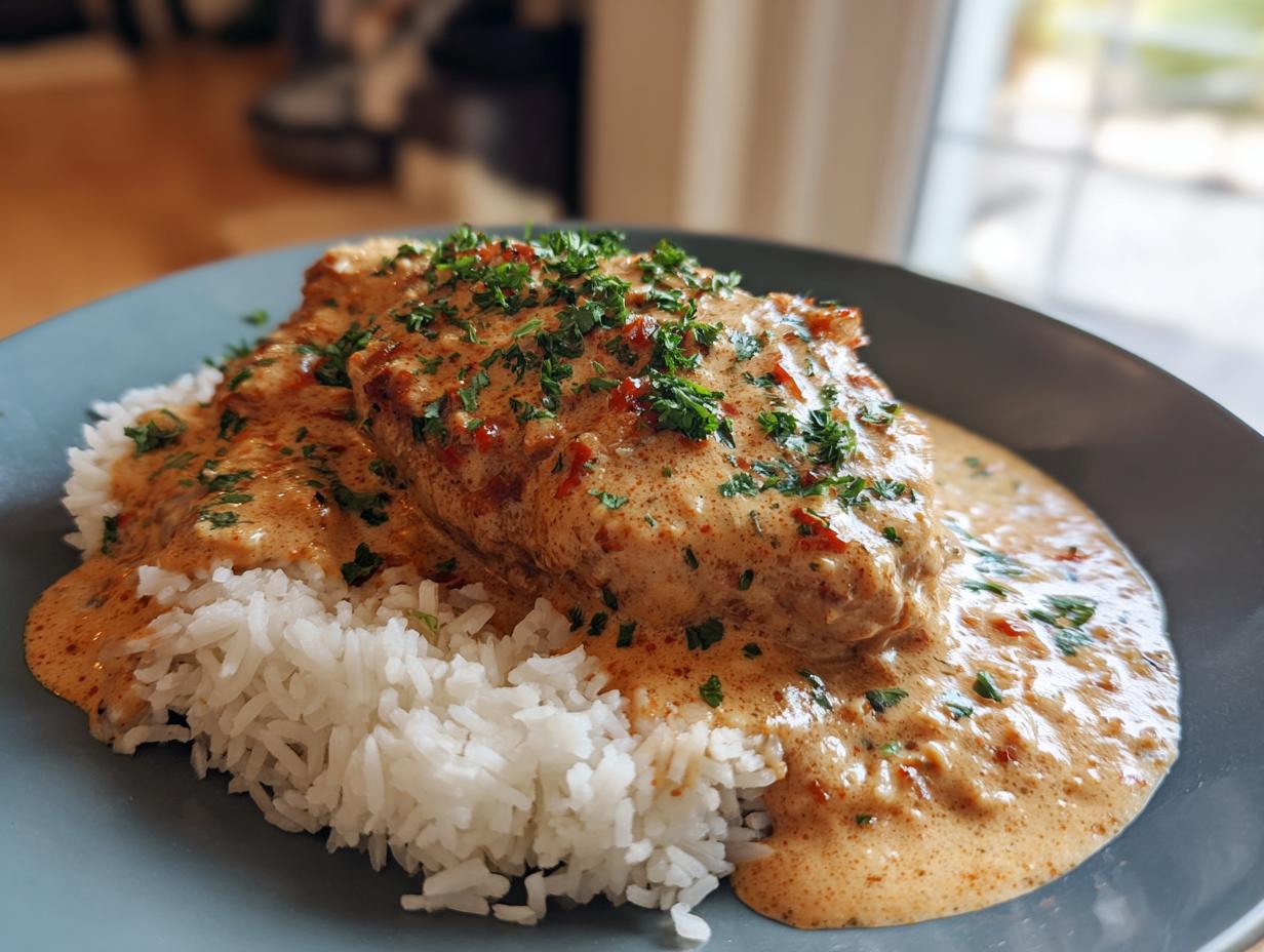Close-up of smothered chicken and rice, featuring a chicken breast covered in a rich, creamy sauce and garnished with parsley.