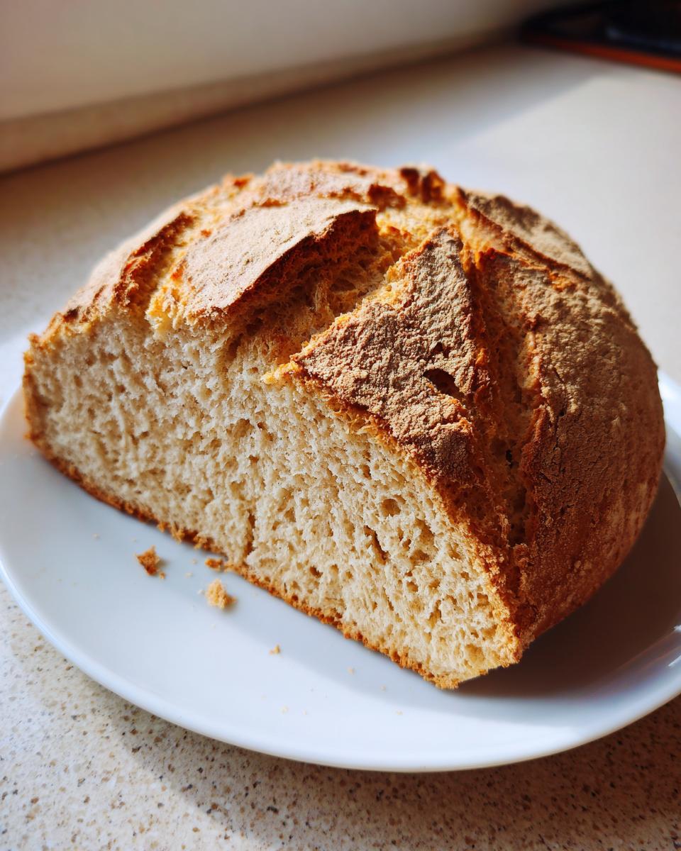 A golden-brown, crusty half loaf of homemade soda bread resting on a white plate.