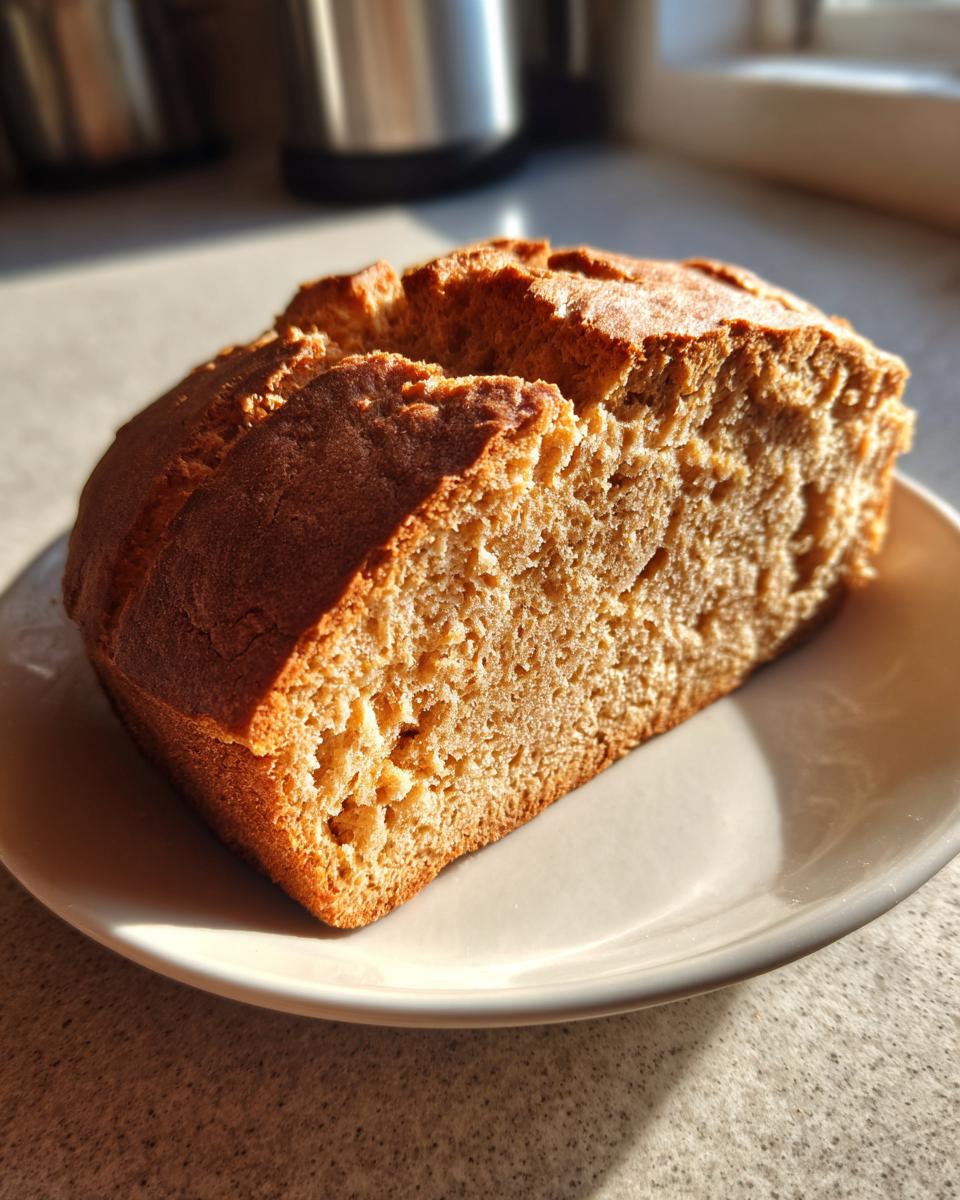 A close-up of a thick slice of golden brown soda bread resting on a small white plate.