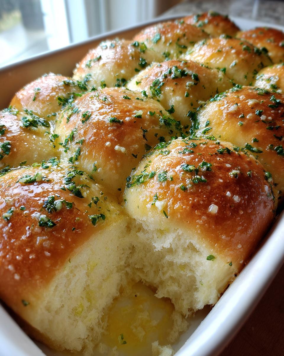 Close-up of soft, golden brown rolls brushed with garlic butter and parsley in a white baking dish.