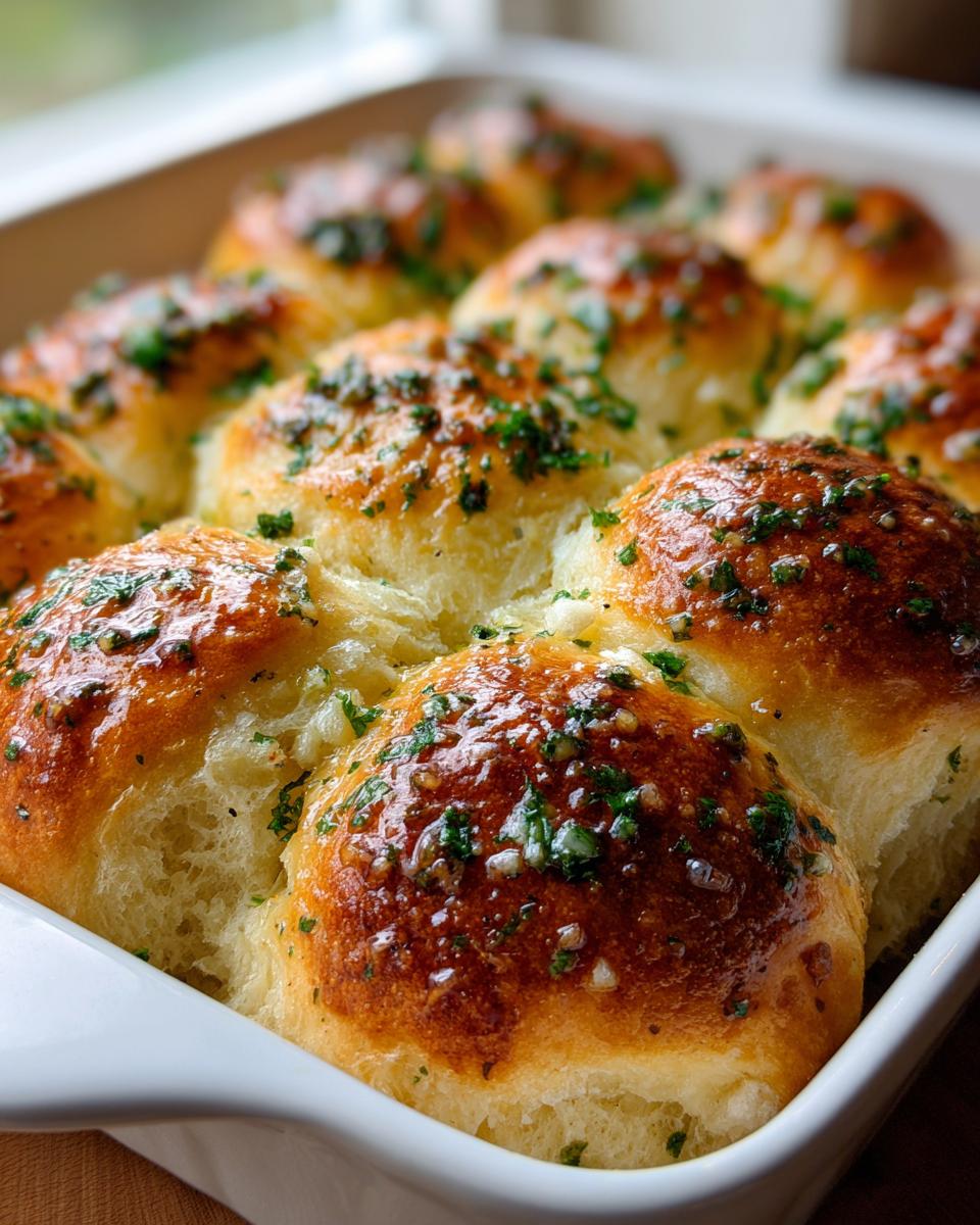 Close-up of freshly baked, soft buttery rolls topped with a glossy garlic butter glaze and chopped parsley.