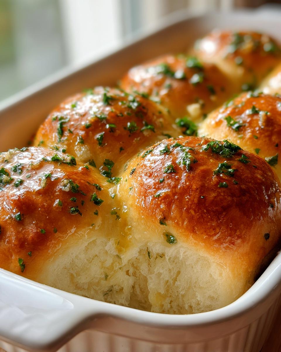 Close-up of golden brown, soft buttery rolls baked together in a white dish, topped with garlic butter and fresh parsley.