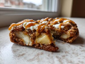 Close-up of a soft caramel apple cookie cut in half, showing apple filling and caramel drizzle.