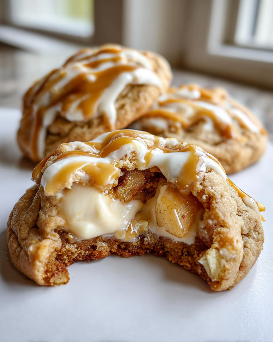 Close-up of a soft caramel apple cookie with a bite taken out, revealing a creamy filling and apple chunks.