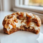 A soft caramel apple cookie broken in half, revealing a creamy filling, diced apples, and dripping caramel sauce.