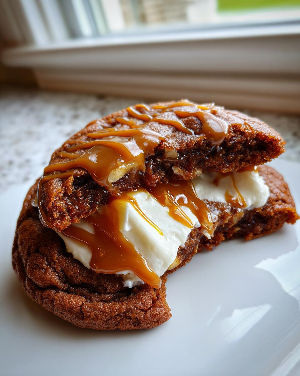 A soft caramel apple cookies sandwich, cut in half, showing a creamy filling and drizzled with rich caramel sauce.