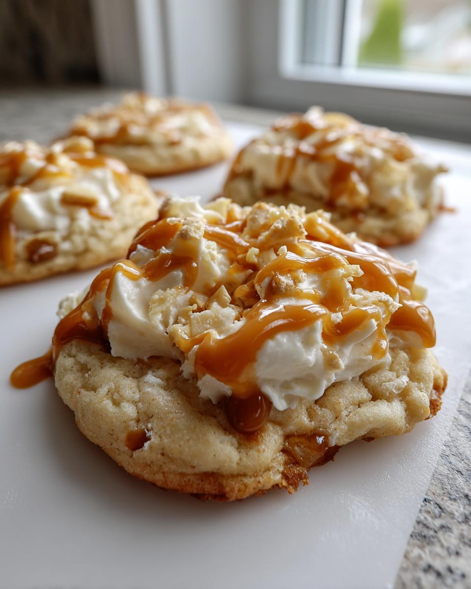 Close-up of a soft caramel apple cookie topped with whipped cream and drizzled generously with caramel sauce.