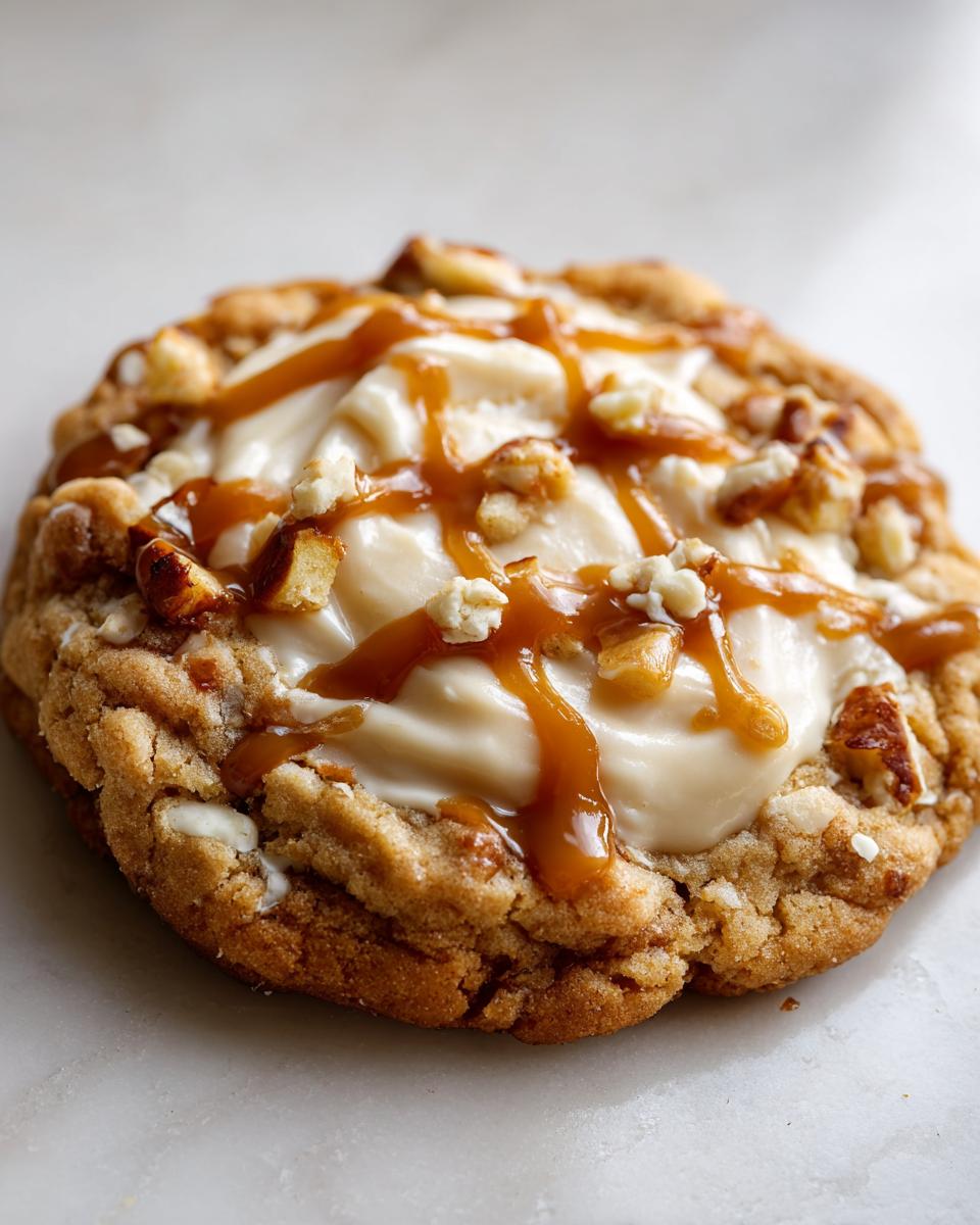 Close-up of a soft caramel apple cookie topped with thick cream cheese frosting, caramel drizzle, and chopped nuts.