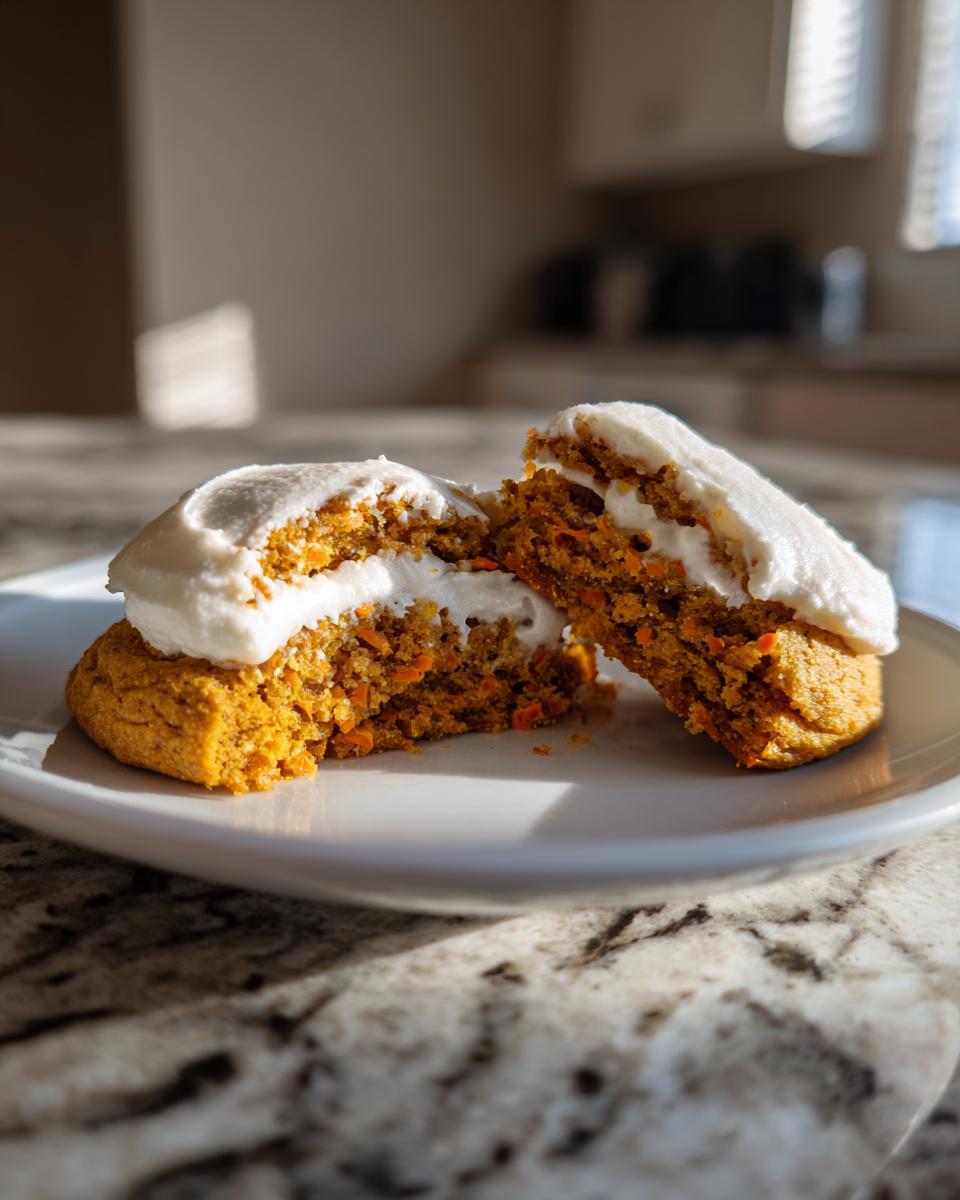 A soft carrot cake cookie cut in half, revealing shredded carrots inside and topped with thick cream cheese frosting.