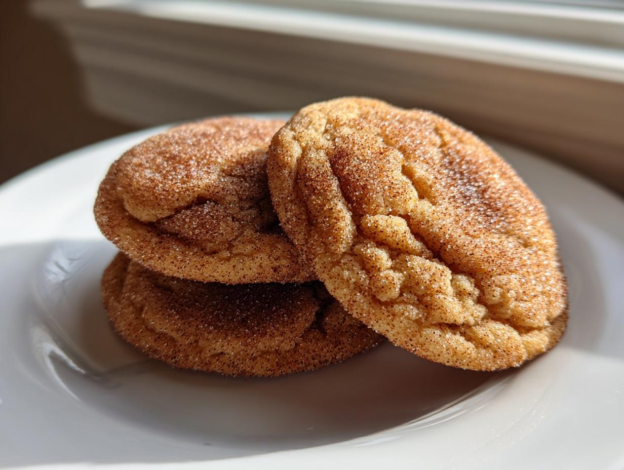 Close-up of three soft, chewy cinnamon cookies generously coated in cinnamon sugar, sitting on a white plate.