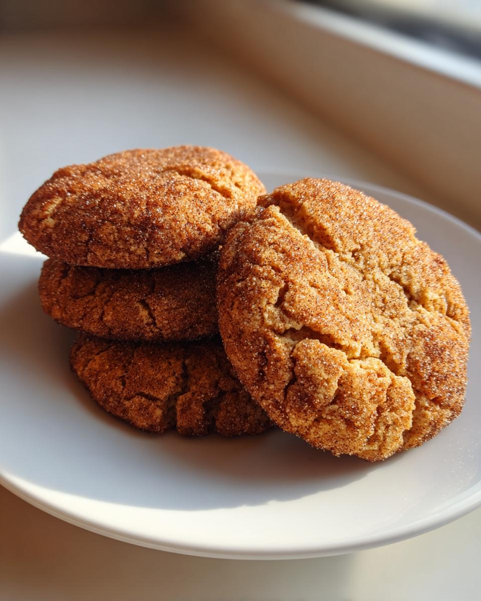 A stack of three soft, cracked cinnamon cookies generously coated in cinnamon sugar.