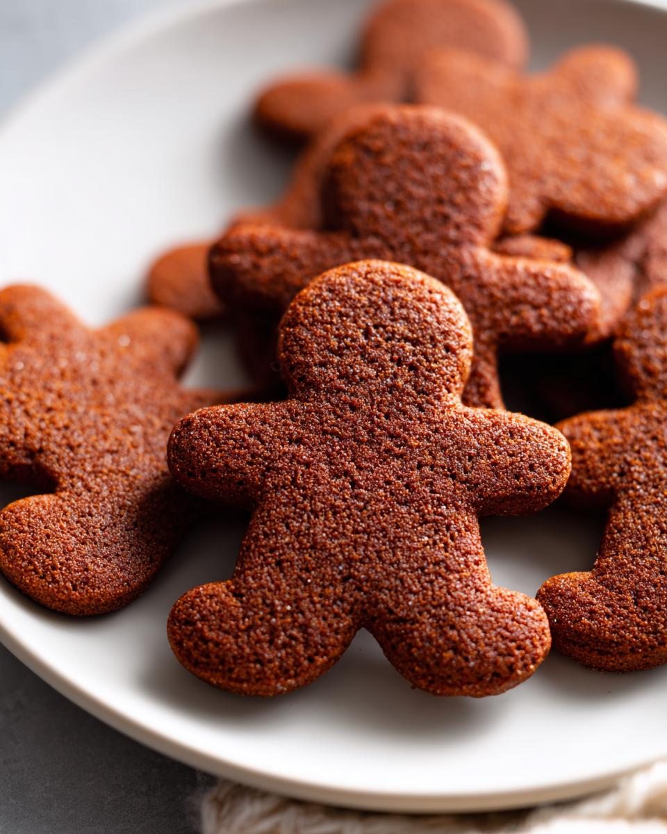 A close-up shot of several soft, dark brown gingerbread cookies shaped like people piled on a white plate.